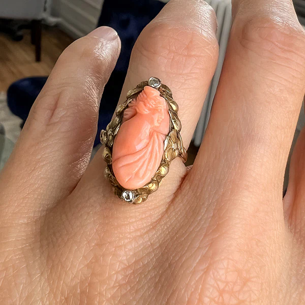 Victorian Coral Cameo & Diamond Ring - Image 2