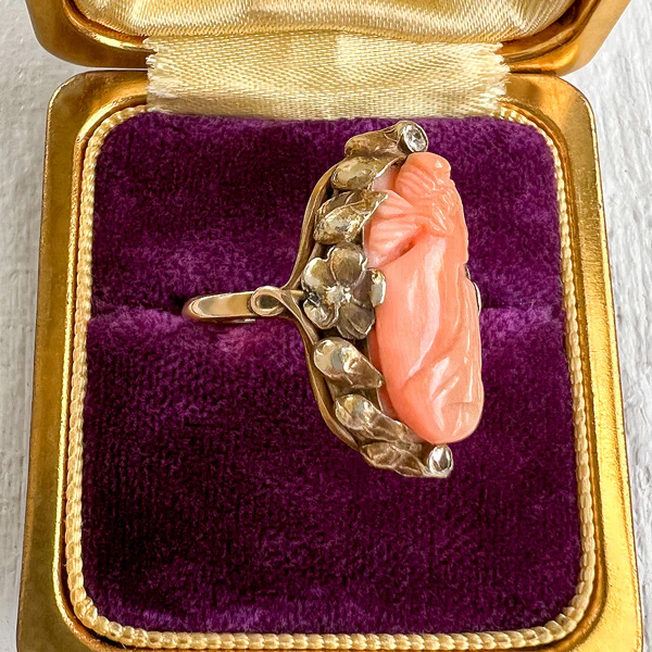 Victorian Coral Cameo & Diamond Ring - Image 3