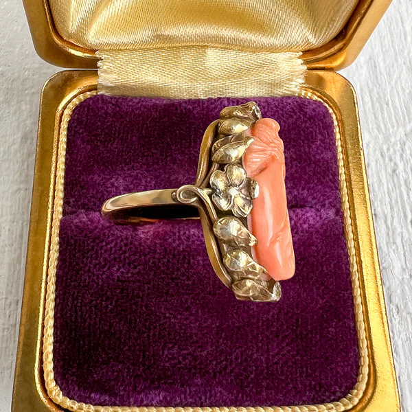 Victorian Coral Cameo & Diamond Ring - Image 4