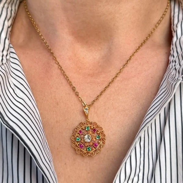 Antique Victorian Diamond, Ruby & Emerald Pendant