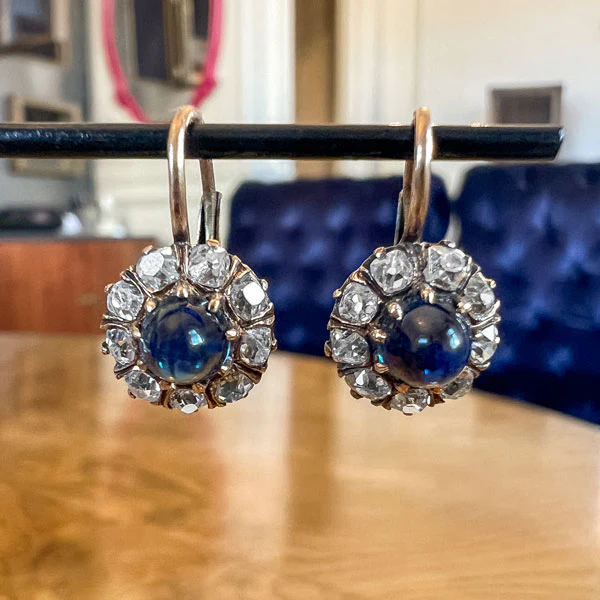 Antique Cabochon Sapphire & Diamond Earrings
