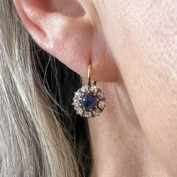 Antique Cabochon Sapphire & Diamond Earrings - Image 2