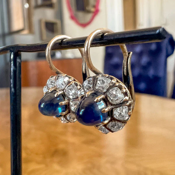 Antique Cabochon Sapphire & Diamond Earrings - Image 3