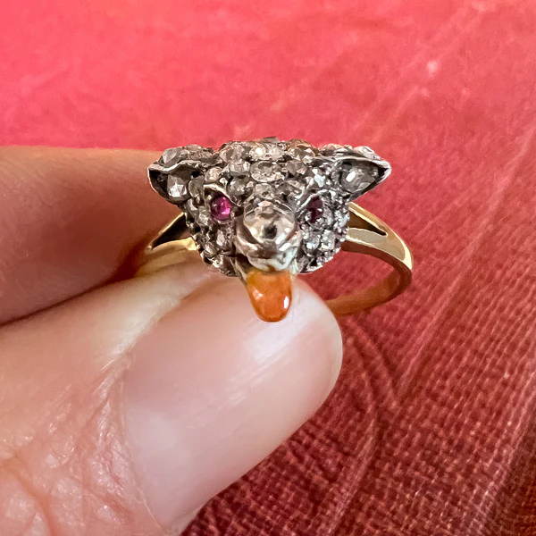 Antique Diamond & Enamel Fox Ring - Image 3
