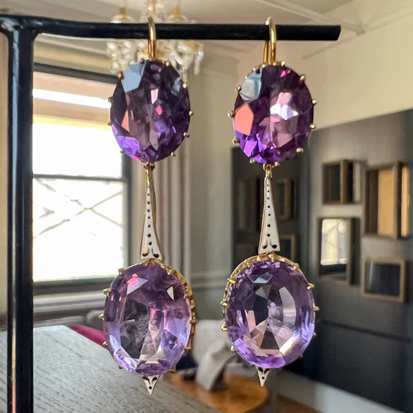 Antique Edwardian Amethyst & Enamel Drop Earrings - Image 3