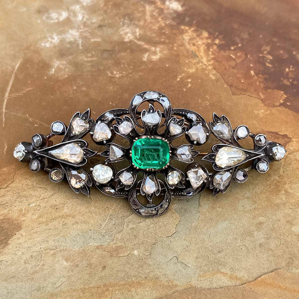 Antique Emerald Paste & Rose Cut Diamond Pin