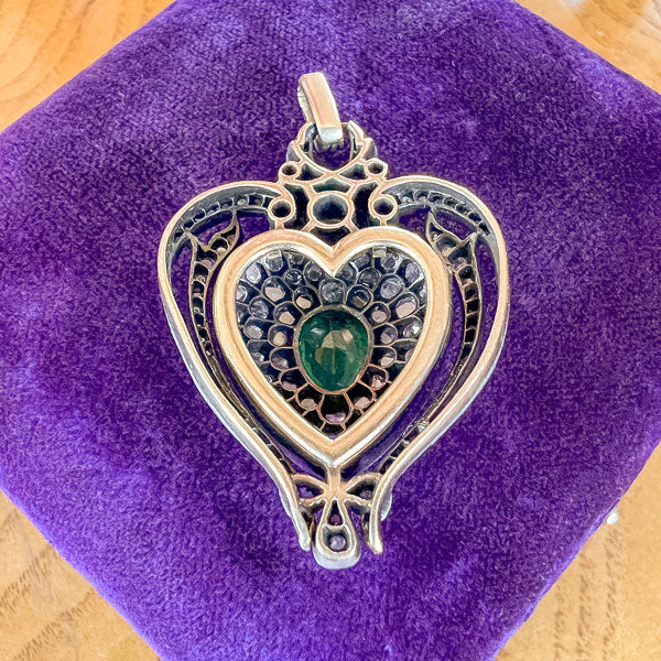 Antique French Emerald Diamond Heart Locket - Image 2