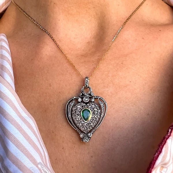 Antique French Emerald Diamond Heart Locket - Image 3