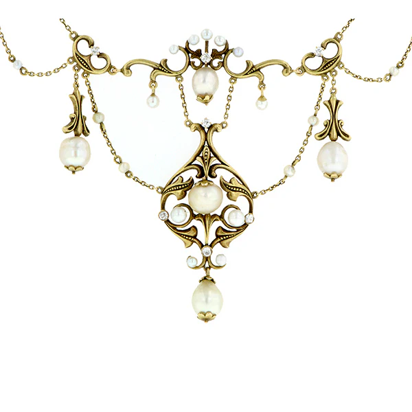 Antique Natural Pearl & Diamond Festoon Necklace - Image 3