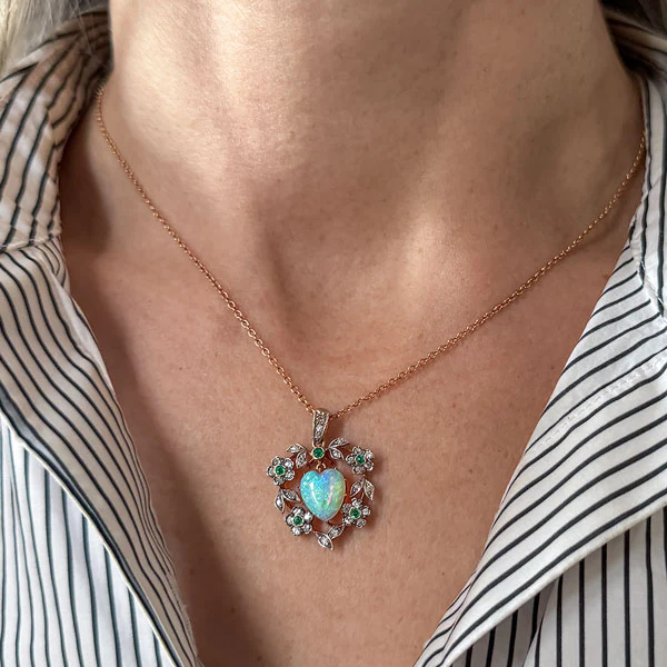Antique Opal Heart, Emerald & Diamond Pendant