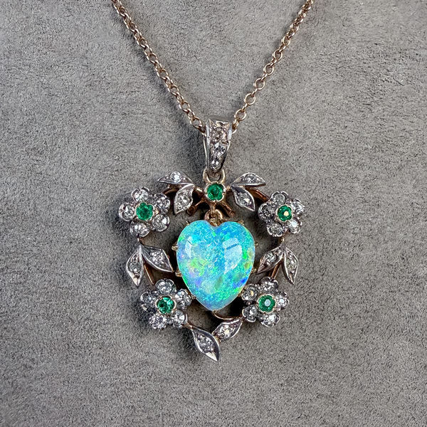 Antique Opal Heart, Emerald & Diamond Pendant - Image 2