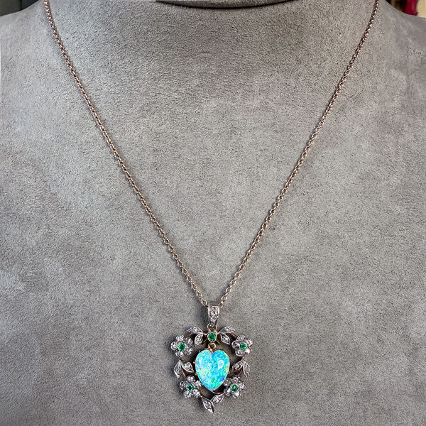 Antique Opal Heart, Emerald & Diamond Pendant - Image 3