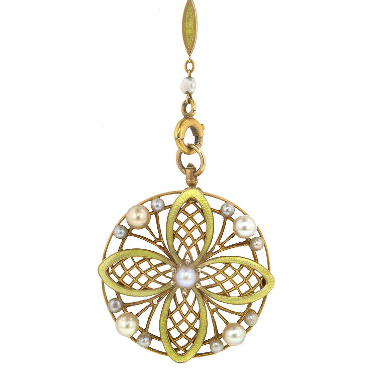 Antique Pearl & Enamel Gold Pendant Necklace