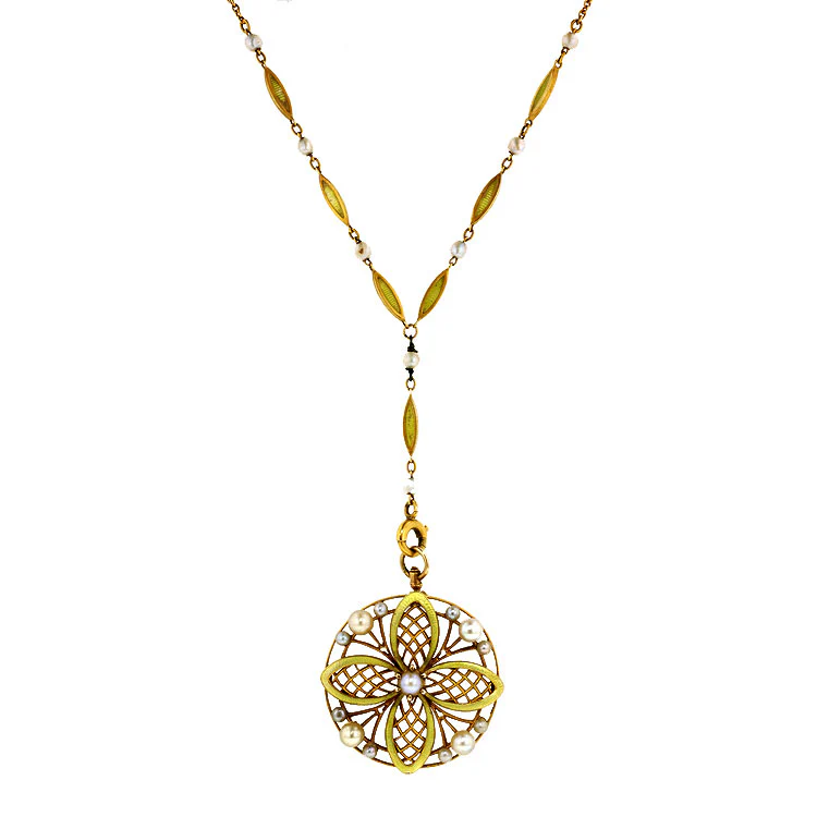 Antique Pearl & Enamel Gold Pendant Necklace - Image 2