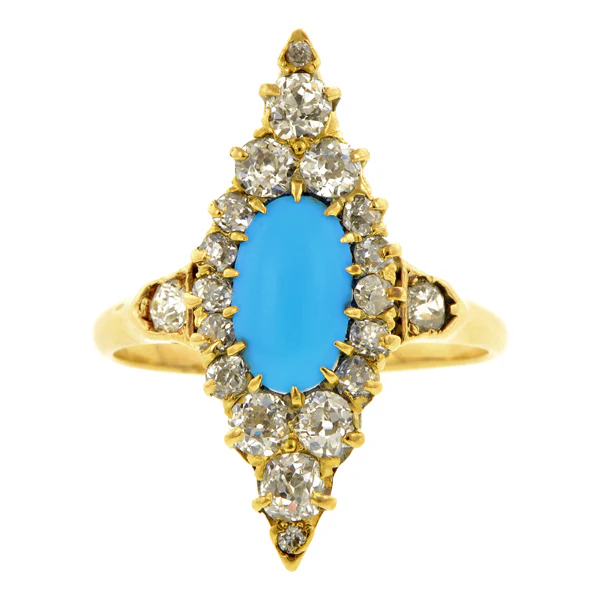 Antique Turquoise & Diamond Navette Ring