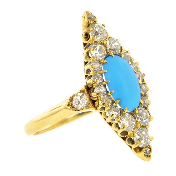 Antique Turquoise & Diamond Navette Ring - Image 2