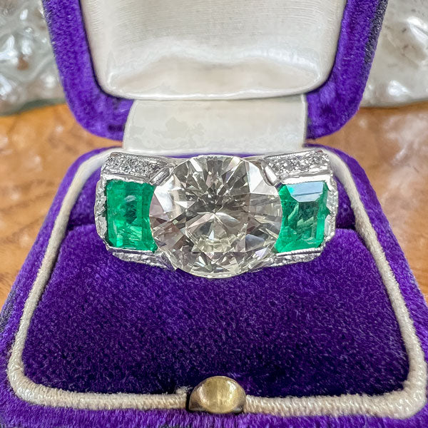 Art Deco Diamond & Emerald Engagement Ring, RBC 4.06ct.