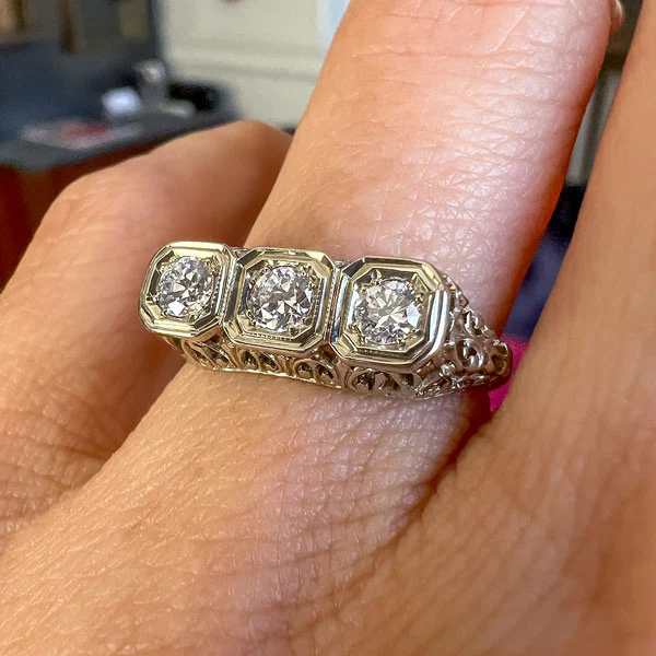 Art Deco Diamond Filigree Three Stone Engagement Ring