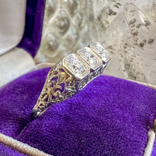 Art Deco Diamond Filigree Three Stone Engagement Ring - Image 2