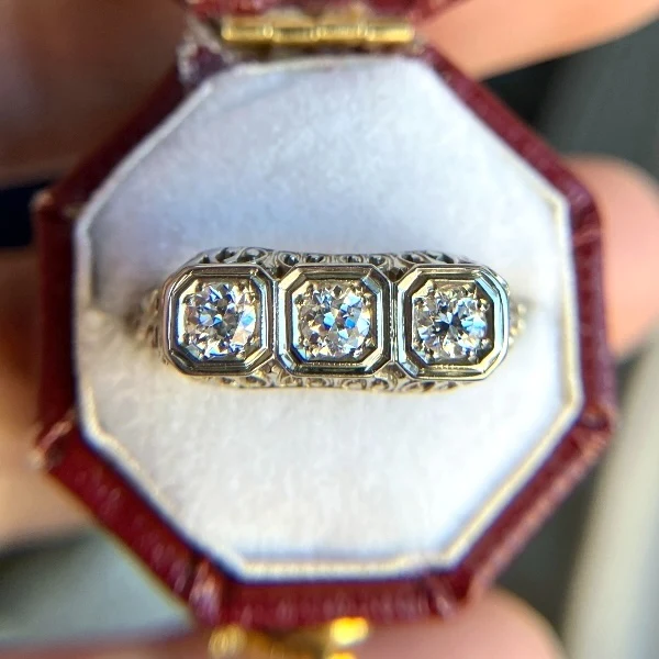 Art Deco Diamond Filigree Three Stone Engagement Ring - Image 4