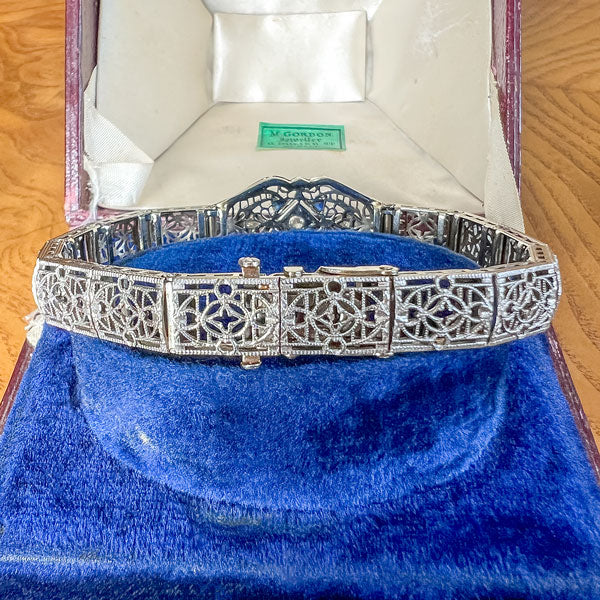 Art Deco Diamond & Sapphire Filigree Bracelet - Image 4