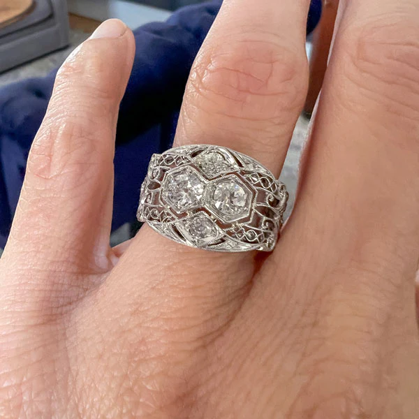 Art Deco Filigree Diamond Wide Band Ring - Image 2