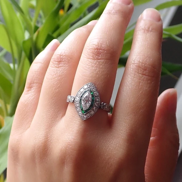 Art Deco Marquise Diamond & Emerald Ring, 0.50ct. - Image 2