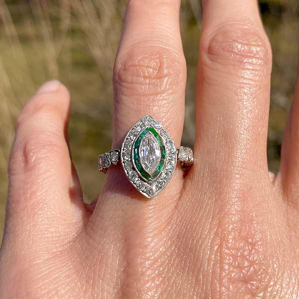Art Deco Marquise Diamond & Emerald Ring, 0.50ct. - Image 6