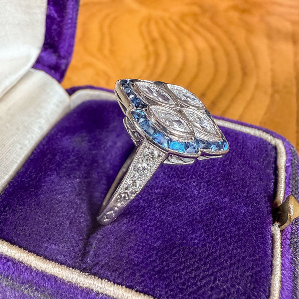 Art Deco Marquise Diamond & Sapphire Ring - Image 4