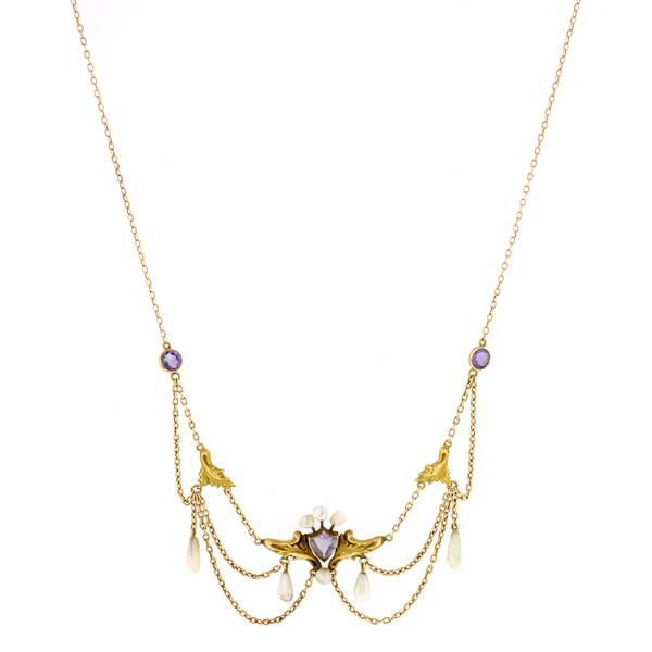 Art Nouveau  Amethyst & Pearl Festoon Necklace - Image 3