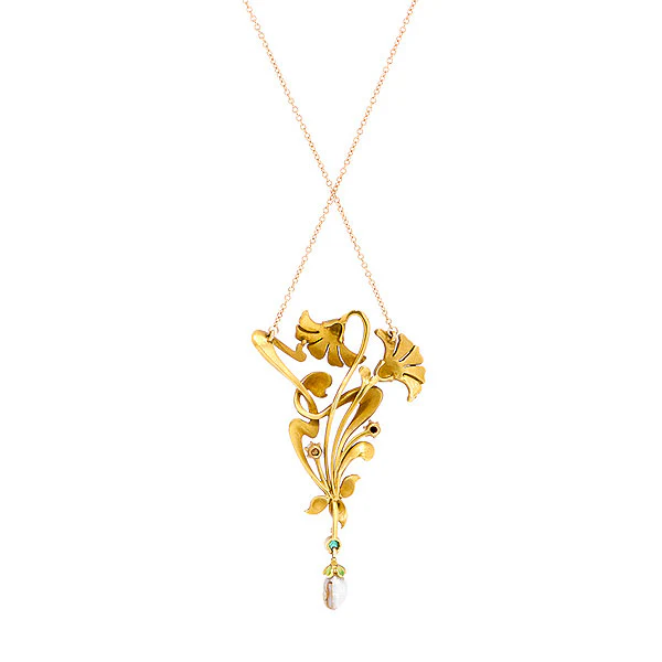 Art Nouveau Emerald Pearl & Enamel Necklace - Image 4
