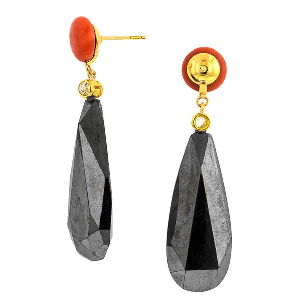 Coral, Diamond & Hematite Earrings - Image 2