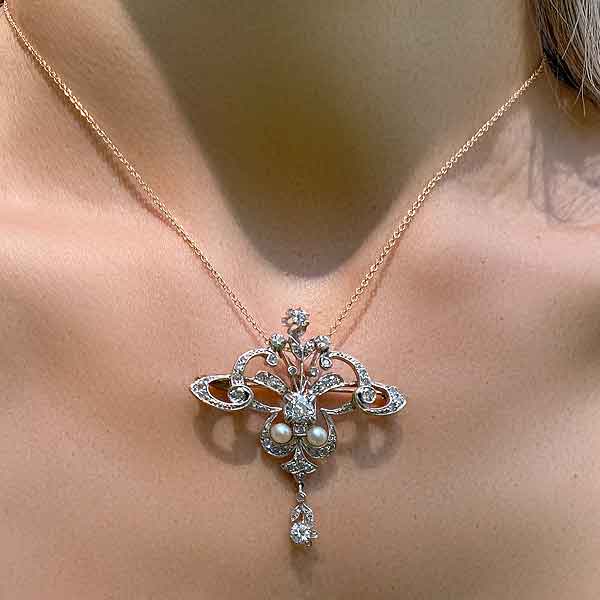 Antique Edwardian Diamond & Pearl Pin Pendant - Image 2