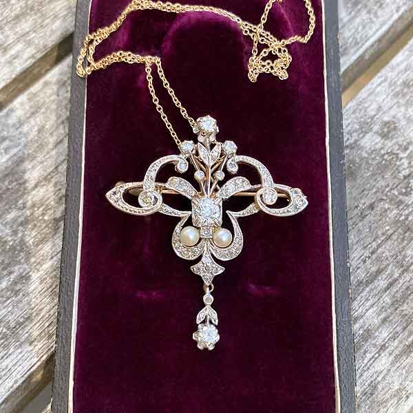 Antique Edwardian Diamond & Pearl Pin Pendant - Image 3