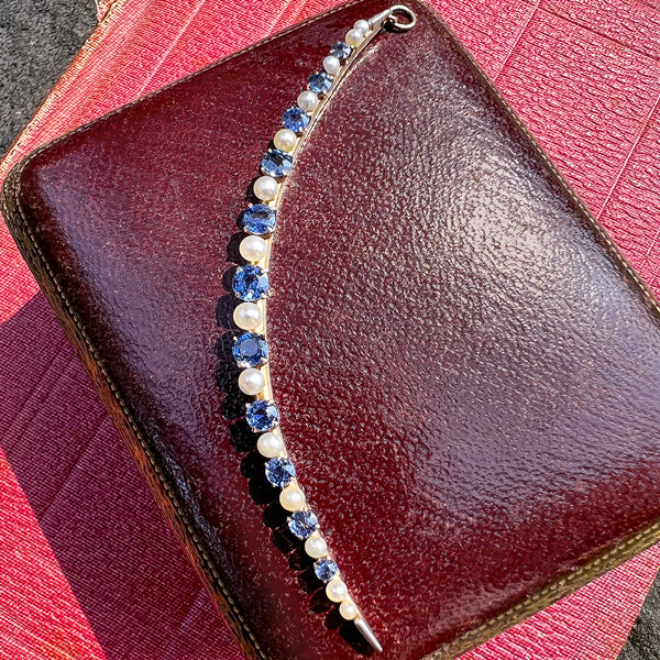 Edwardian Sapphire & Pearl Crescent Pendant - Image 2