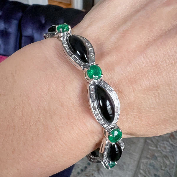 Estate Emerald, Onyx & Diamond Bracelet - Image 2