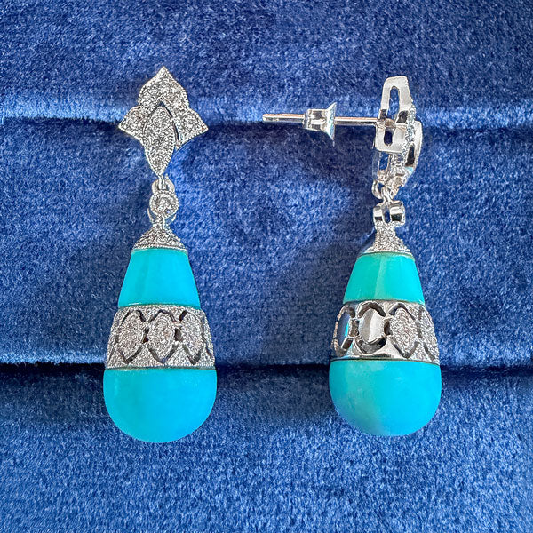 Estate Turquoise & Diamond Drop Earrings - Image 2