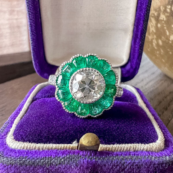 Old Mine Cut Diamond & Emerald Ring