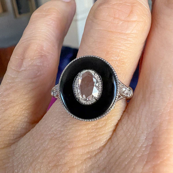 Oval Rose Cut Diamond & Onyx Ring - Image 2