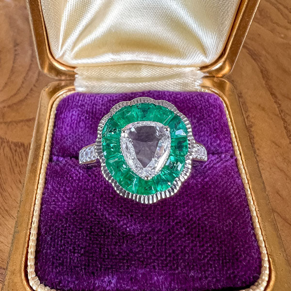 Pear Shaped Rose Cut Diamond & Emerald Ring