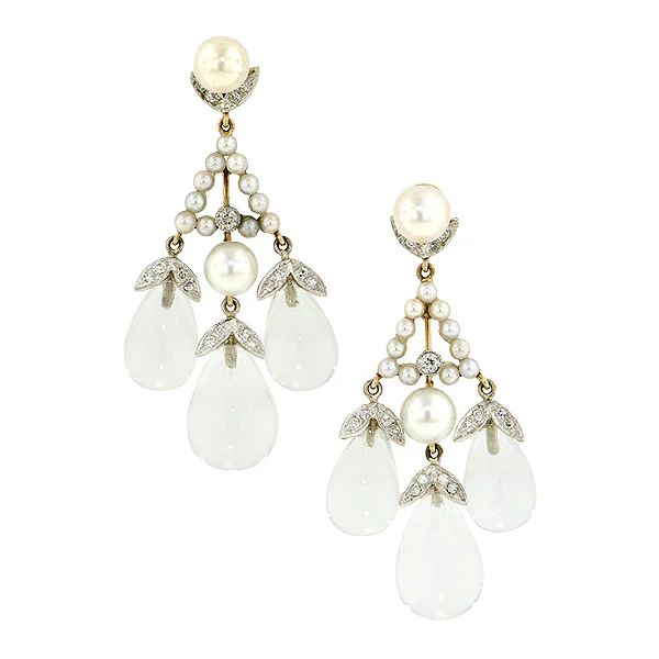Pearl, Diamond & Rock Crystal Drop Earrings