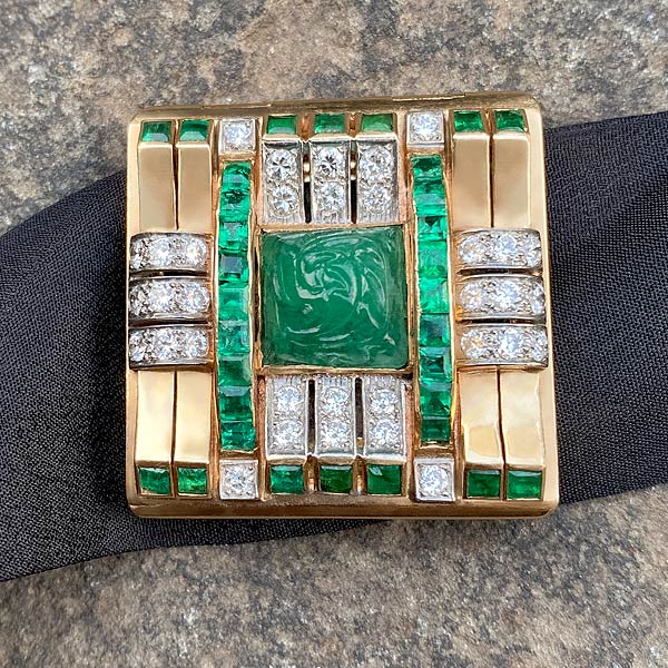 Retro Carved Emerald & Diamond Pin - Image 5