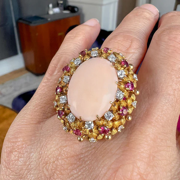 Retro Moderne Coral, Ruby & Diamond Ring - Image 2