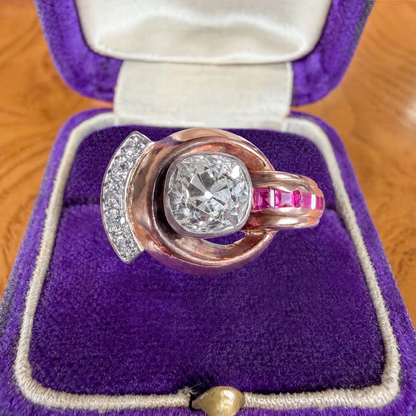Retro Moderne Diamond & Ruby Ring, Old Mine 1.50ct.