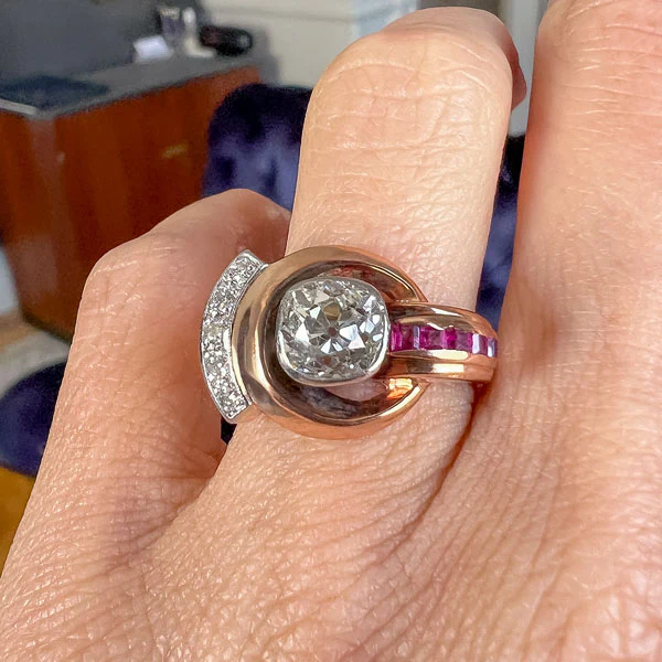 Retro Moderne Diamond & Ruby Ring, Old Mine 1.50ct. - Image 3