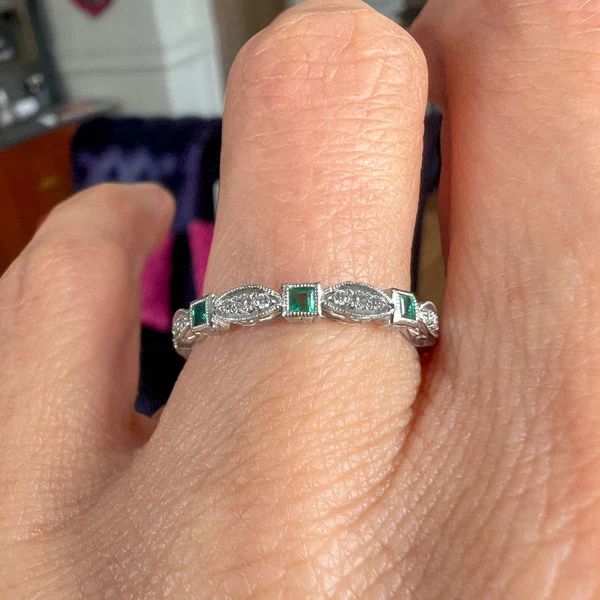Square Emerald & Diamond Eternity Band Ring - Image 2