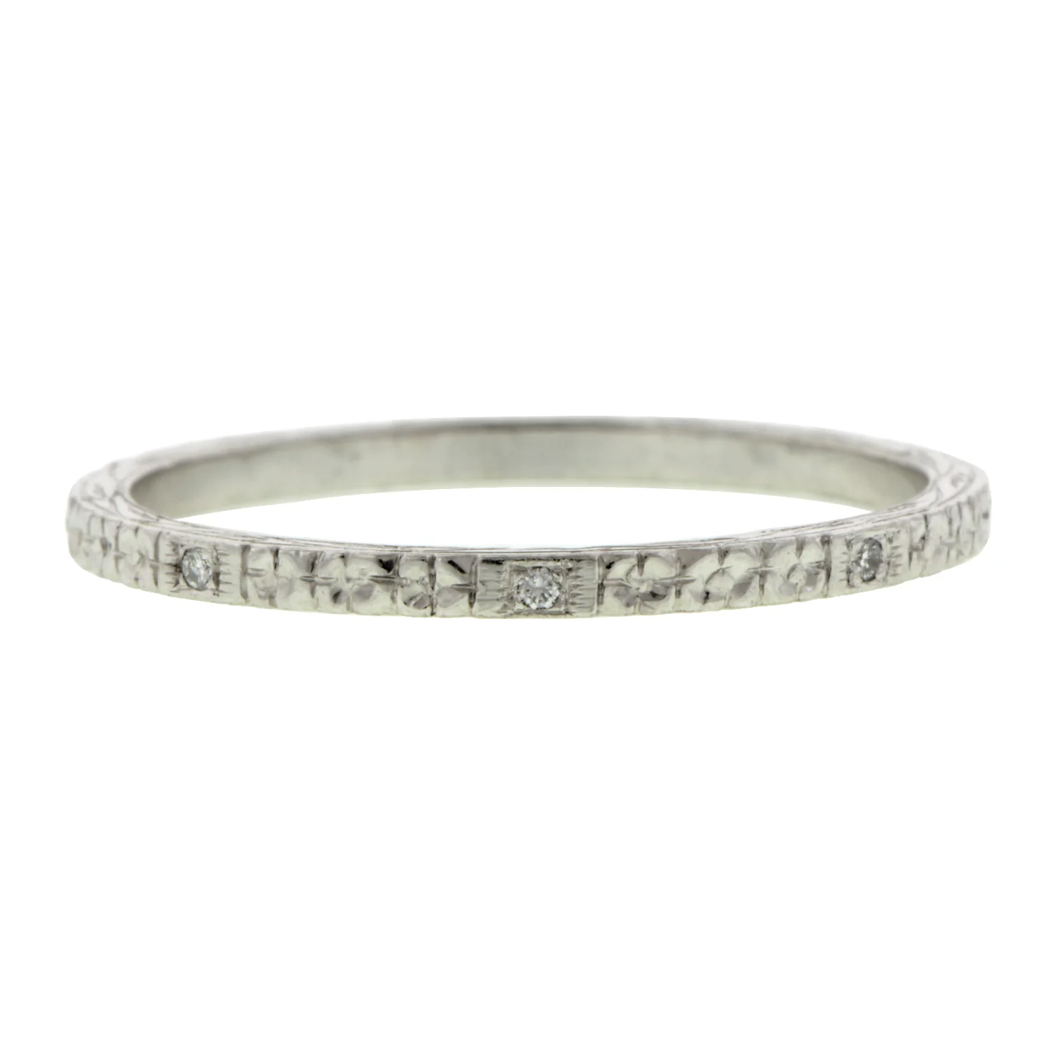 Thin Engraved Diamond Wedding Band Ring