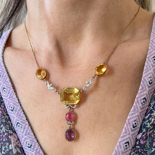 Victorian Citrine, Tourmaline, Amethyst & Enamel Necklace - Image 2