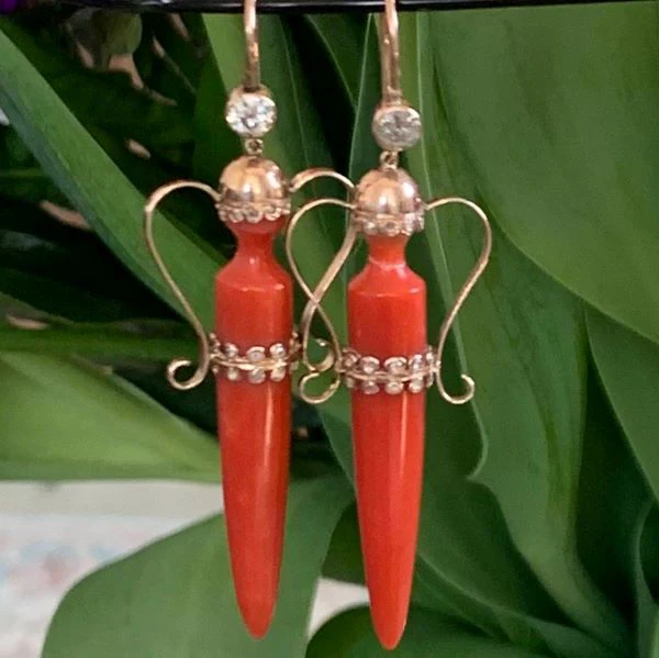 Victorian Coral & Diamond Amphora Earrings - Image 4