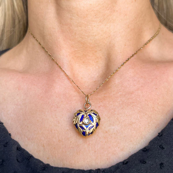 Victorian Enamel Rose Cut Diamond Heart Locket